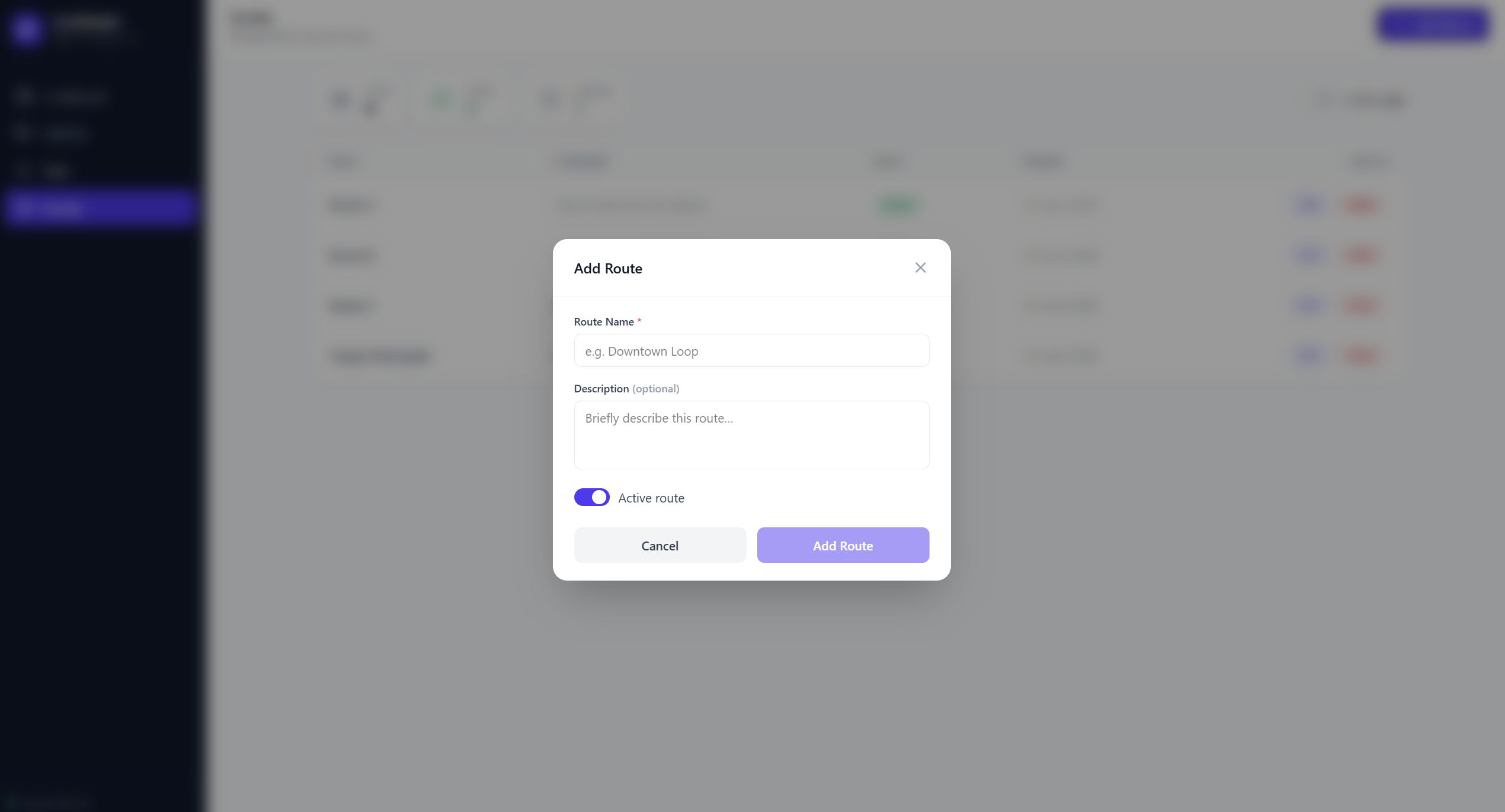 Modal Ajouter une route — nom, description optionnelle et bascule actif/inactif